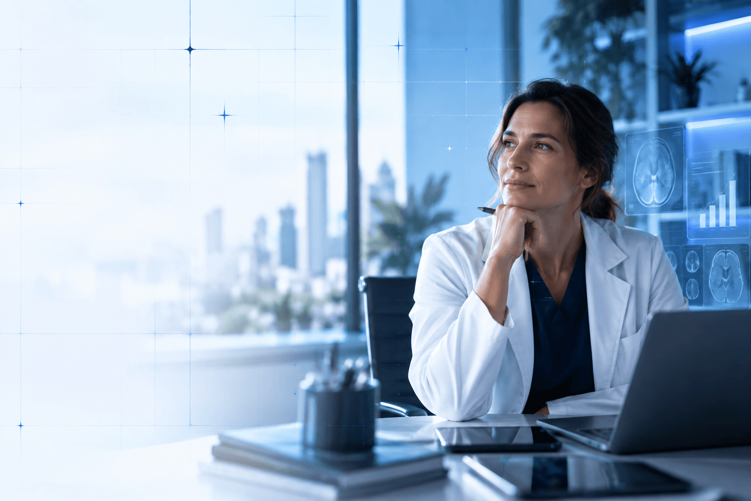 Profissional da saúde em consultório, com uma interface tecnológica em azul ao lado.