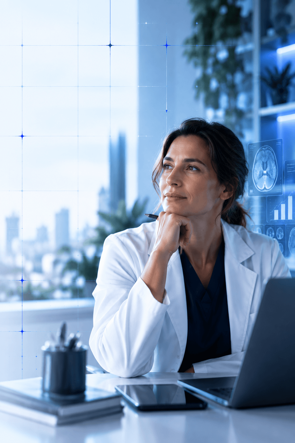 Profissional da saúde em consultório, com uma interface tecnológica em azul ao lado.